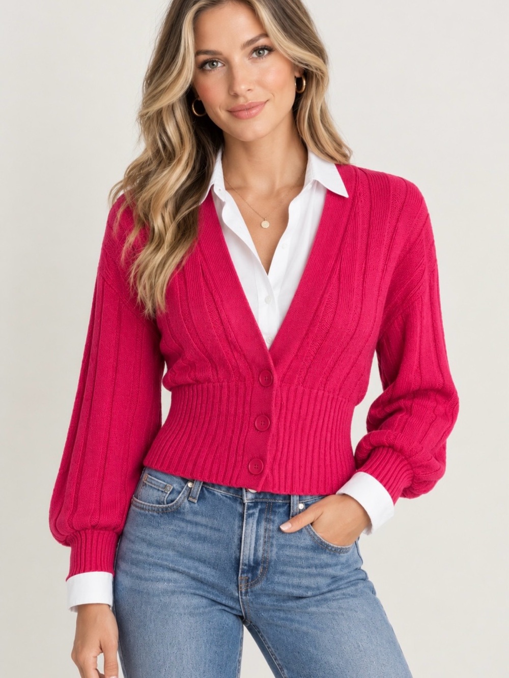 Wilfred Fuchsia Ribbed V-Neck Button Cardigan- Cotton/Wool Blend